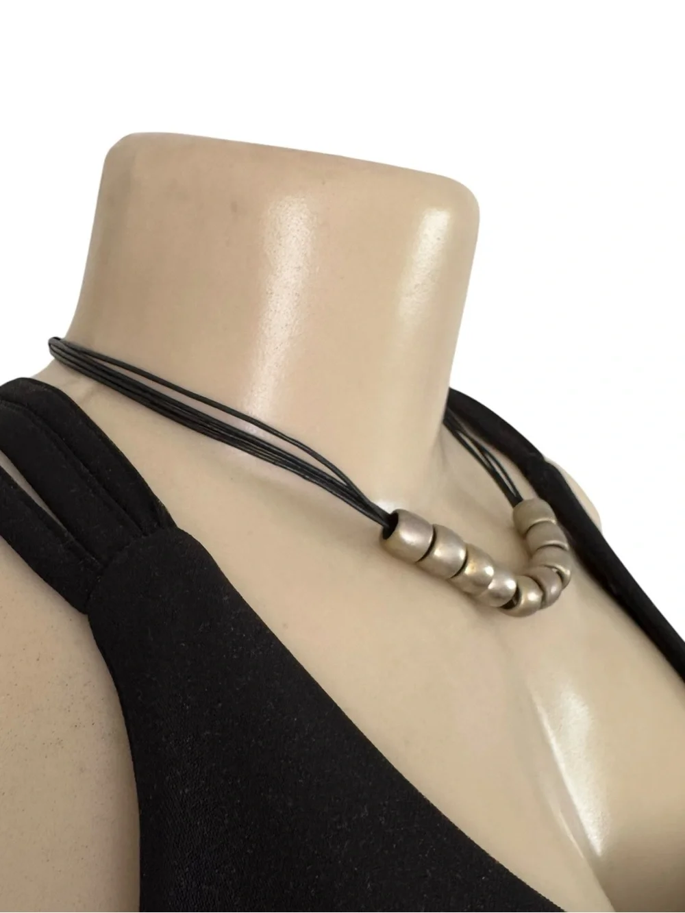 Y2K‎ 90s Chunky Silver Metallic Bead Choker Necklace Leather Multi-strand Cord